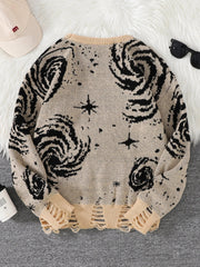 Trendy Street Style Ripped Abstract Starry Sky Pattern Pullover Ripped Sweater Casual Crew Neck Knitted Pullover