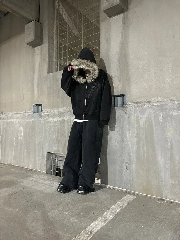 /Y2k Harajuku Faux Fur Collar Hoodies Clothes Graphic Hip Hop Punk Gothic Zip Up Hoodies new