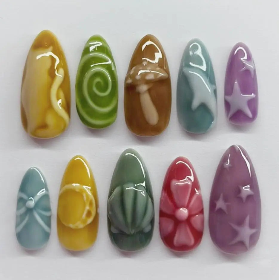 24pcs Flower Print Press on Nails Wine Red Blush Almond False Nail Tips Wearable Reusable Spicy Girl Fake Nails