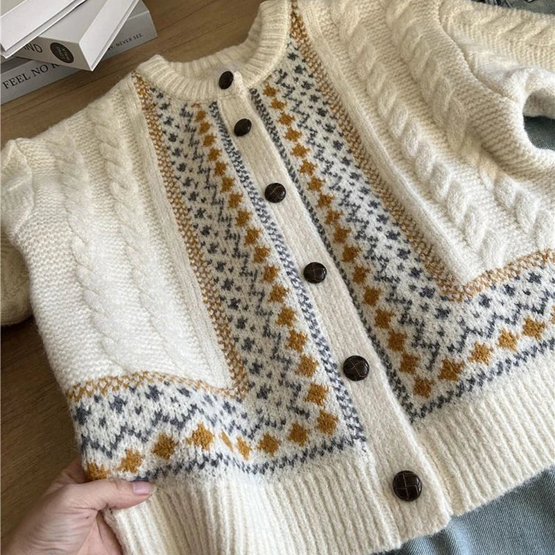 Vintage Jacquard Knit Cardigan Loose Casual Lazy Wind Print Button Pullovers Korean Long Sleeve Baggy Outwear