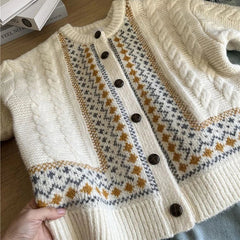 Vintage Jacquard Knit Cardigan Loose Casual Lazy Wind Print Button Pullovers Korean Long Sleeve Baggy Outwear