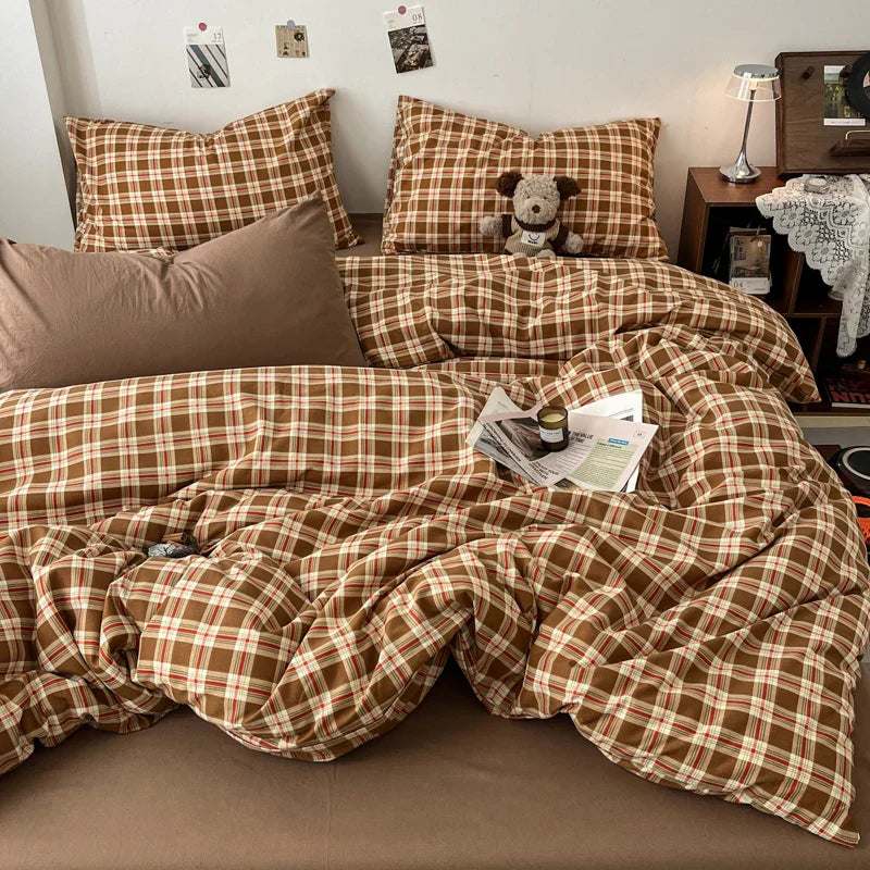 Vintage Double Sided Red Plaid Bedding Set Skin-Friendly Soft Duvet Cover Set with Bed Sheet