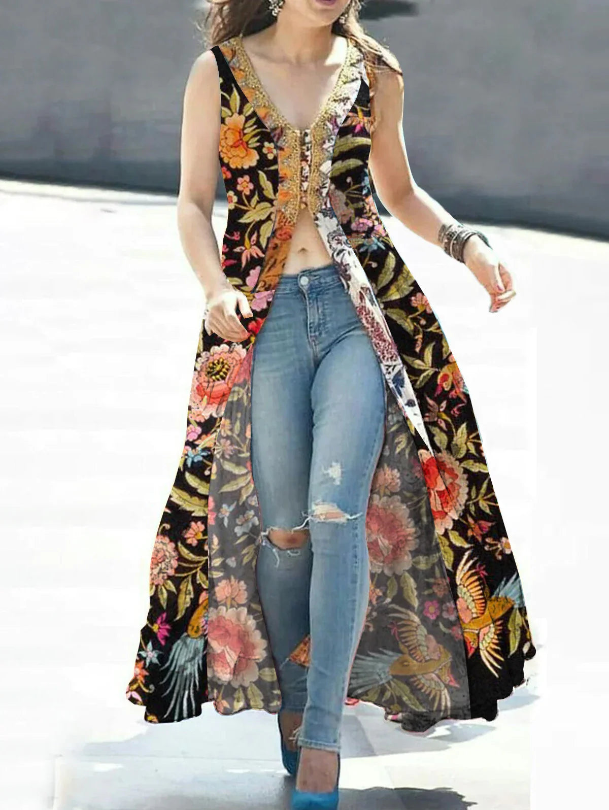 Tank Dress Floral Printing Split Indie Folk Vintage Sleeveless Casual High Street Retro V-Neck Long Dress