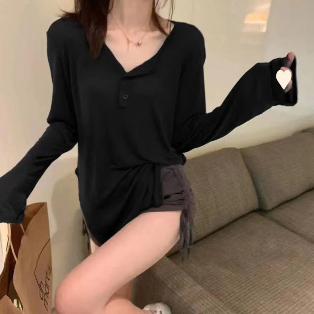 Korean Y2k Tank Top Long Sleeve V Collar Crop Top Button Sun Protection Frock Lady