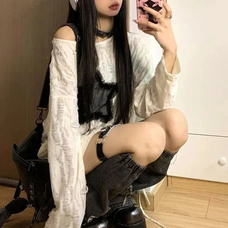 Y2K Hole Star Print T-Shirt Streetwear Off Shoulder Tops Oversized Kpop Long Sleeve Loose Tees Ladies New