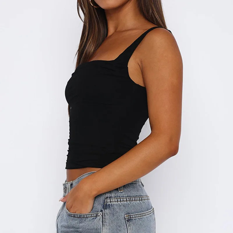 Tank Tops Solid Backless Streetwear Casual Slim Sleeveless Camisole Folds Tank Tops Lady Clothing
