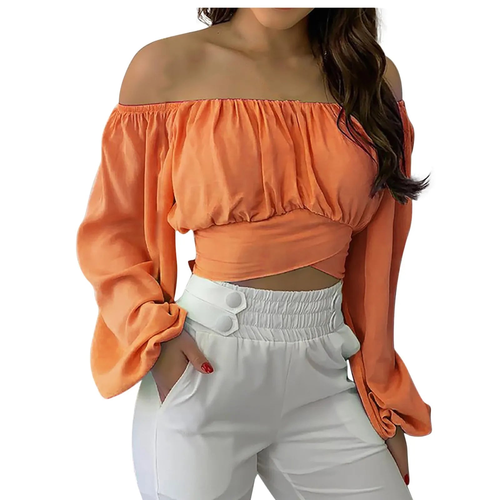 Off Shoulder Shirts Puff Long Sleeve Y2K Crop Tops Clothes Black White Blouse Bandage Elegant Shirt