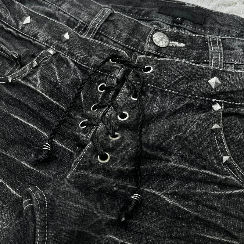 Y2K Washed Jeans Gothic Retro Micro Flared Double Waisted Lace Up Pants Streetwear Design Sense Trousers