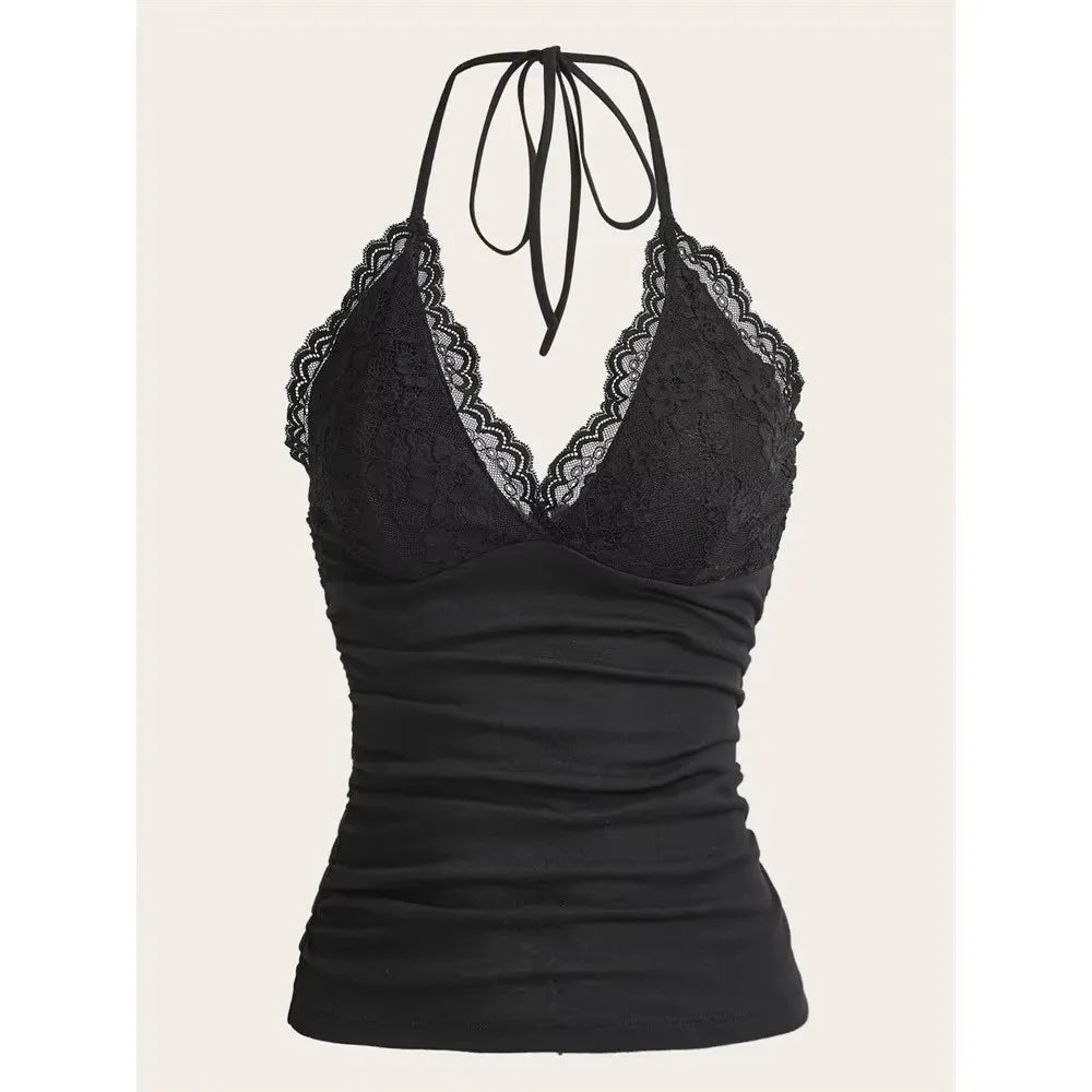 Black Lace Patchwork Halter Top Solid Ruched Backless Sleeveless Tank Top Streetwear Clothes