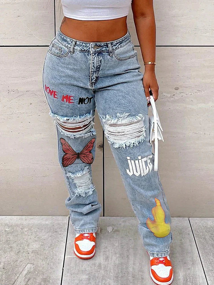Design Clothing Denim Pants Butterfly Print Ripped Straight Trousers High Waist Slim Jeans Long Pants YYZZ9260