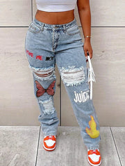 Design Clothing Denim Pants Butterfly Print Ripped Straight Trousers High Waist Slim Jeans Long Pants YYZZ9260