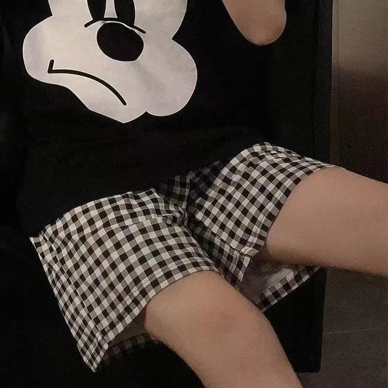 Loose Plaid Shorts Ins Style Shorts High Waist Slimming Wide Legs Casual Home Pants Outdoor Wearing Walking Shorts