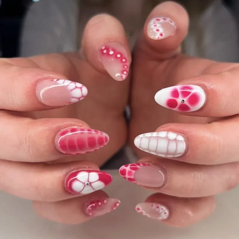 Pink Yellow Halo Dyeing Flower Water Ripple False Nails Leopard Long Pointed Fake Nails Art Press on Nails Charm Manicure