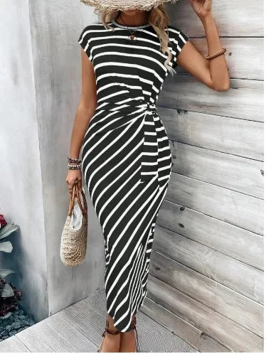 Elegant Waist Tie Striped Round Neck Short Sleeves Long Dress High-End Feel Clothing Skirt
