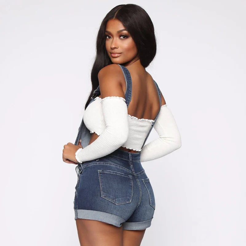 Shorts Overalls Ripped Jeans Lady Stretch Rompers Denim Pants Lady Cross Strap Jumpsuit Casual Bodysuits