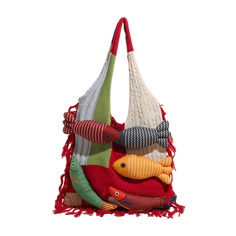 Cute Little Fish Relaxed Knitted Bag Commuter Versatile Shoulder Bag Contrasting Cut Out Tote Bag