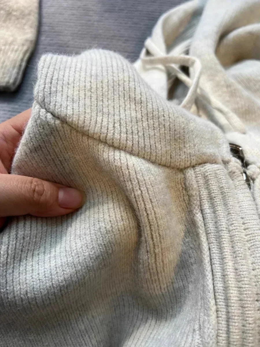 Gray Hooded Sweater Coat Double Zipper Long Sleeve Loose Korean Soft Thickened Knitted Tops Coats