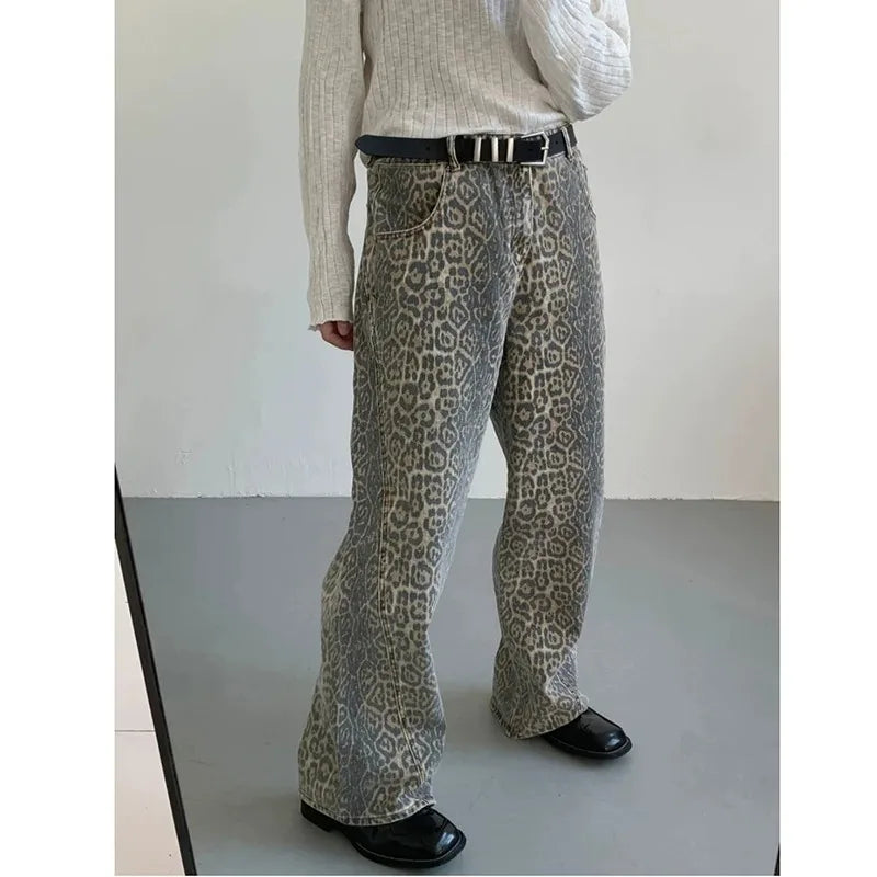 Jeans Leopard High Waist Hip Hop Straight Pants Streetwear Harajuku Y2K Style Wide Leg Denim Trousers