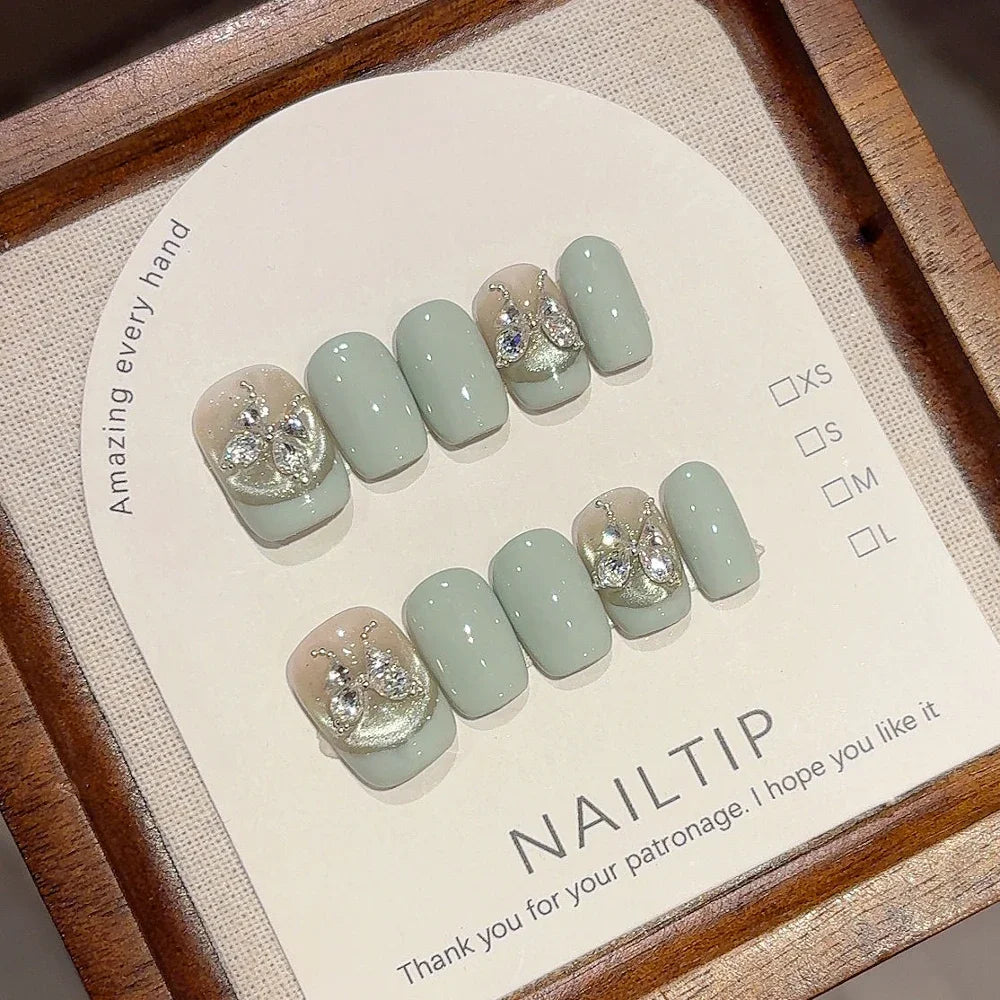 10Pcs Handmade Nude Color Press On Nails Sparkling Cat-Eye Cherry Star Marine Elements Sequins Cute Girlish Nail Suitable