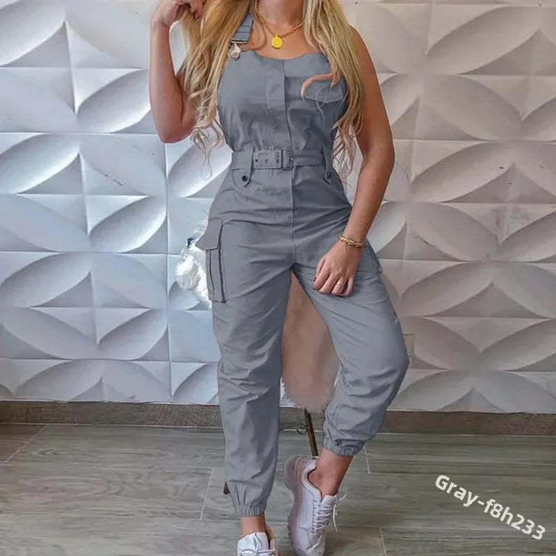 Wish Utility Jumpsuit Beltless Sleeveless Simple Tied Pants Working Uniform Cross-border Style from HongKong