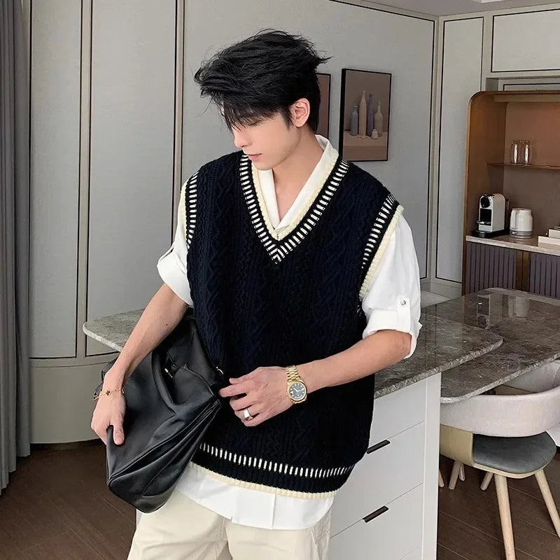 Arrival Preppy Style Cable Knit Vest Sweater Casual V-neck Top Korean Version Loose-fit Top