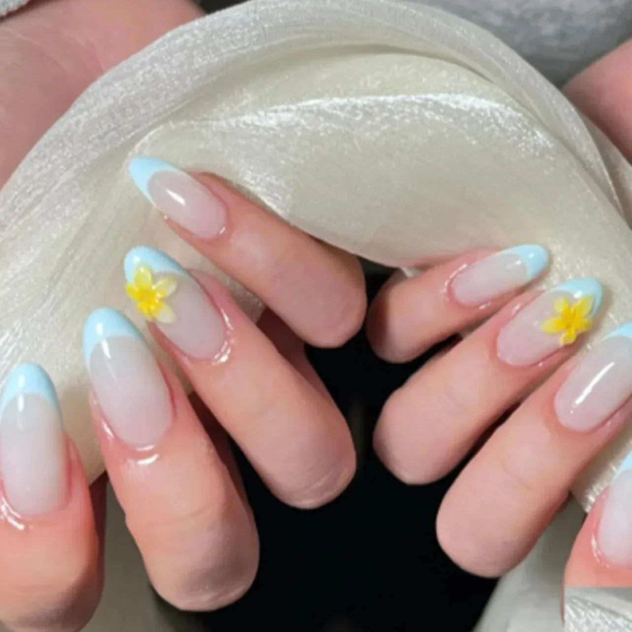 Pink Yellow Halo Dyeing Flower Water Ripple False Nails Leopard Long Pointed Fake Nails Art Press on Nails Charm Manicure