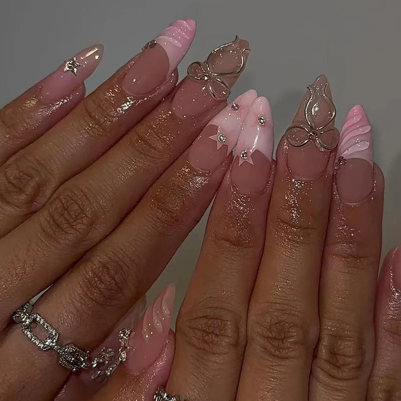 24pcs Short Almond False Nail Art Starlight Rhinestone Design Nails Tip Green Full Cover Nail Set Datachable Press on Fake Nails