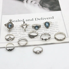 11pcs/set Bohemia Vintage Silver Gothic Aesthatic Vintage Carved Feathers Flowers Leaves Butterfly Ring set