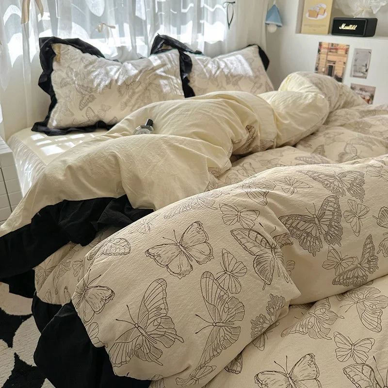 1.5/1.8 Korean Style 100% Cotton Fitted Sheet Sets with Lace Flower Print Bedding Set