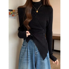 Deeptown Harajuku Black Turtleneck Sweaters Criss Cross Irregular Korean Button Knit Pullovers Slim Warm Aesthetic