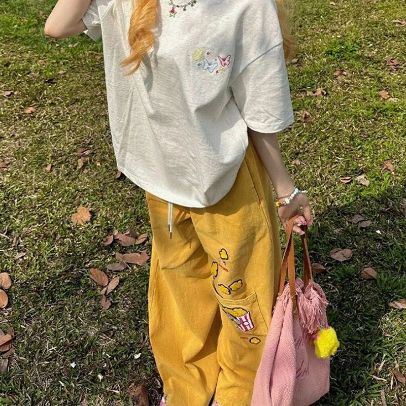 Y2K Cargo Pants Oversized Embroidery Sweatpants Harajuku High Waist Wide Leg Joggers Streetwear Korean Baggy Trousers New