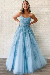 Tulle Spaghetti Straps Prom Dresses Long Lace Appliques Ball Gowns