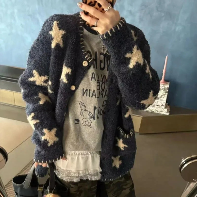 Vintage Star Knitted Cardigan Harajuku Print Sweater Outerwears Korean Long Sleeve Knitwears Ladies Casual Jumpers