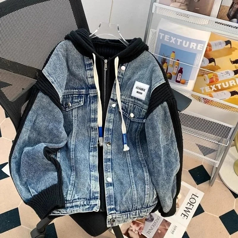 Loose Lazy Style Denim Patchwork Hoodie Outerwear Sweater Jacket Korean Version Casual Coat