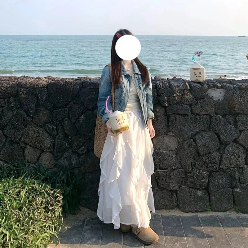 Deeptown Sweet Elegant White Long Skirt Fairycore Korean Style Lace Ruffle Skirt Asymmetrical Retro Street Layered Skirts