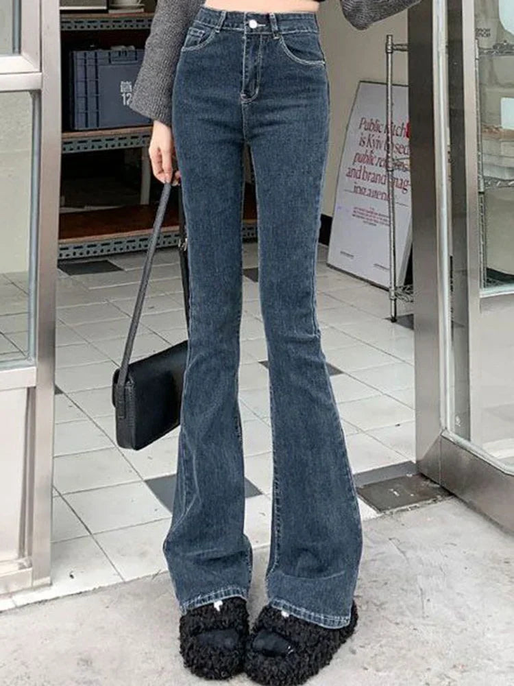 Korean Flare Jeans Girls High Waist Elastic Boot Cut Pants Lady Vintage Blue Black Gray Brown Denim Bell Bottom Trousers