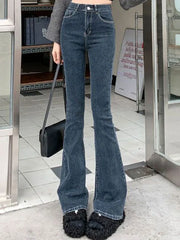 Korean Flare Jeans Girls High Waist Elastic Boot Cut Pants Lady Vintage Blue Black Gray Brown Denim Bell Bottom Trousers