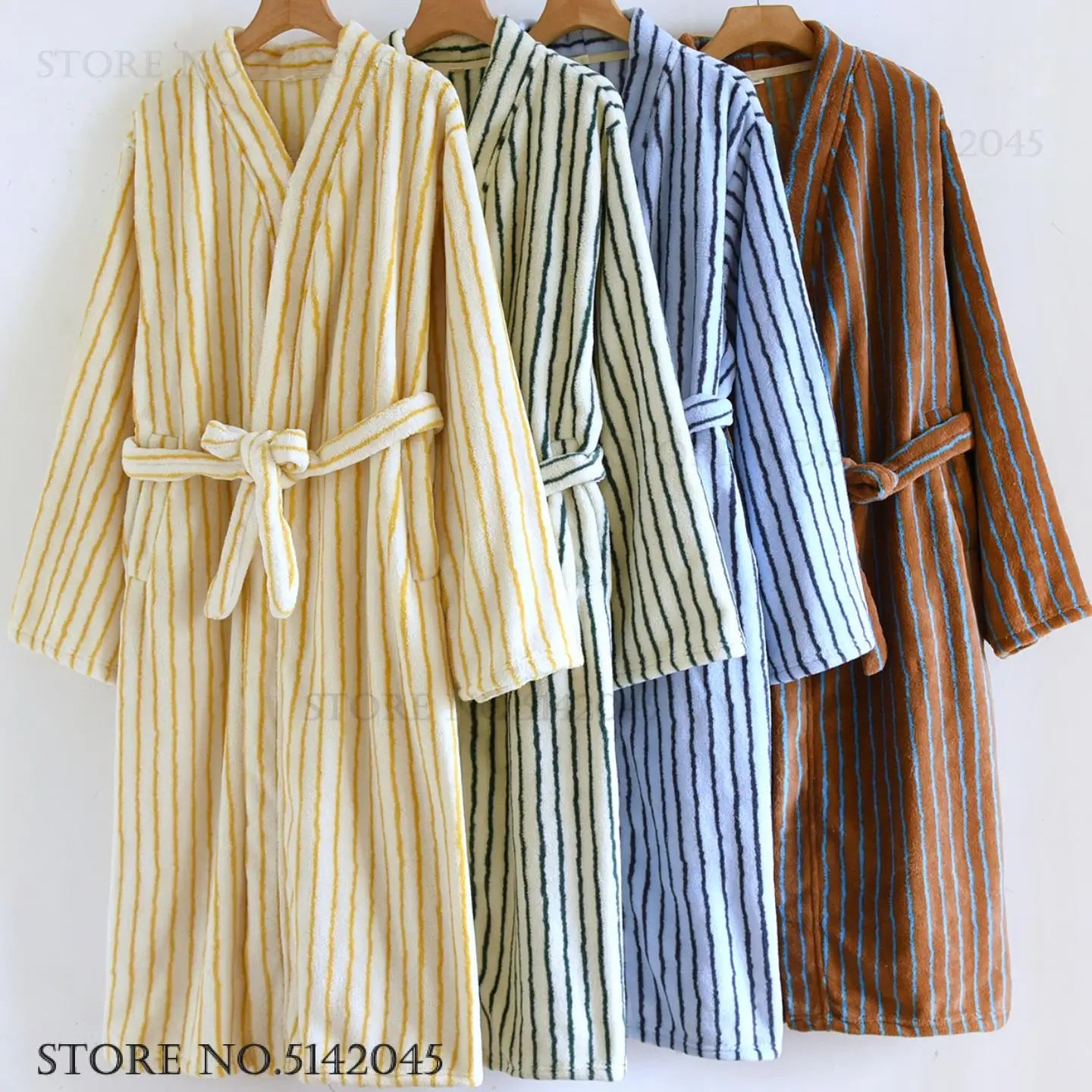 Robe Home Dress Thicken Flannel Bathrobe Kimono Gown Loose Print Stripe Sleepwear Coral Fleece Loungewear
