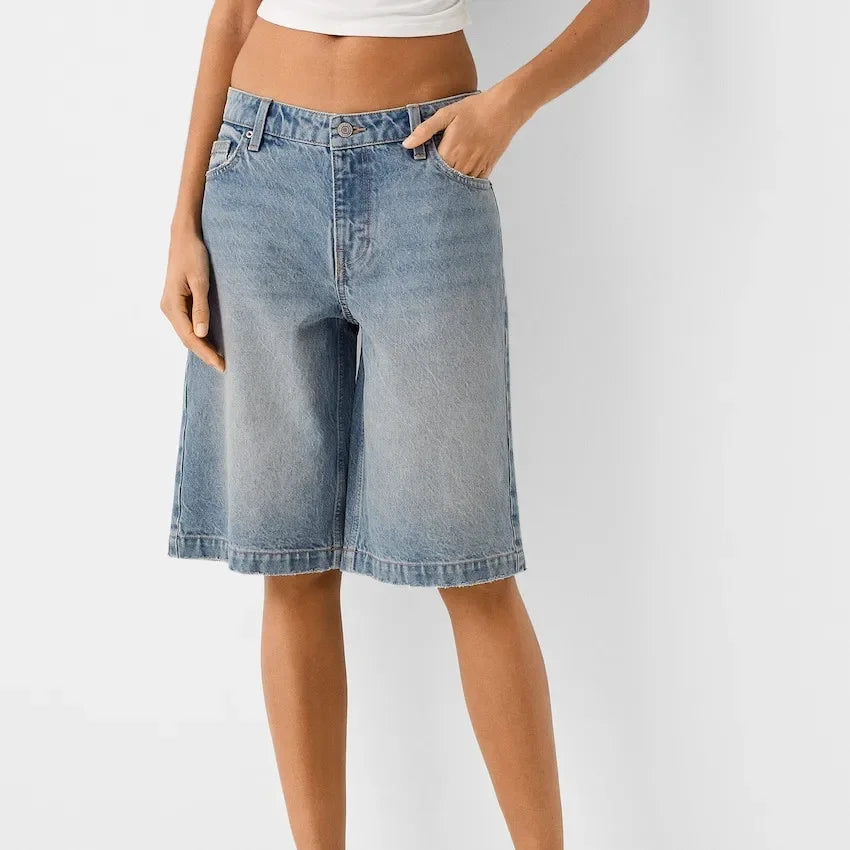 Y2k Knee Length Denim Shorts High Waist Baggy Jean Shorts Bermuda Shorts Straight Leg Carpenter Shorts