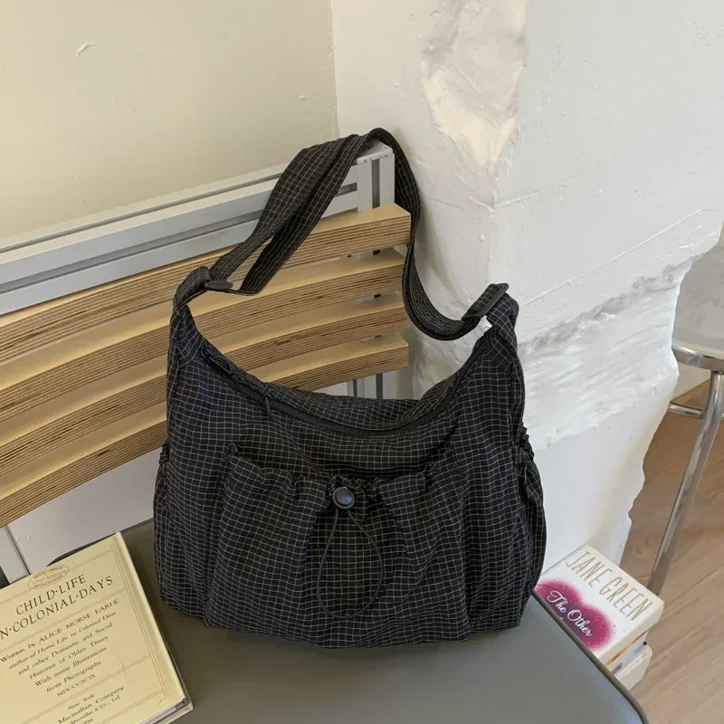 Korean Nylon Shoulder Bag Simple Plaid Zipper Tote Bag Drawstring Pleated Cloud Bag Commuter Crossbody Shoulder Bag