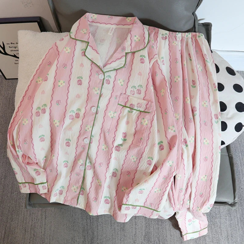 Print Flower Soft Thin Pajama Set Casual 2 Pieces Pajama Set Full Length Sleepwear