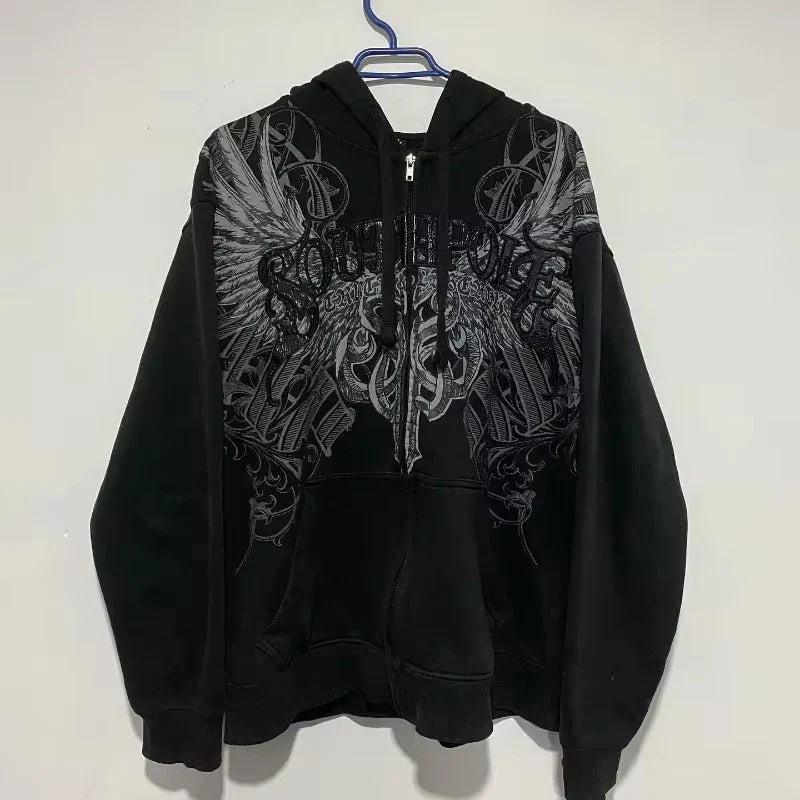 Gothic Oversized Letter Embroidered Patch Zipper Hoodie Y2K Harajuku Vintage Hip Hop Casual Couple Sweatshirt