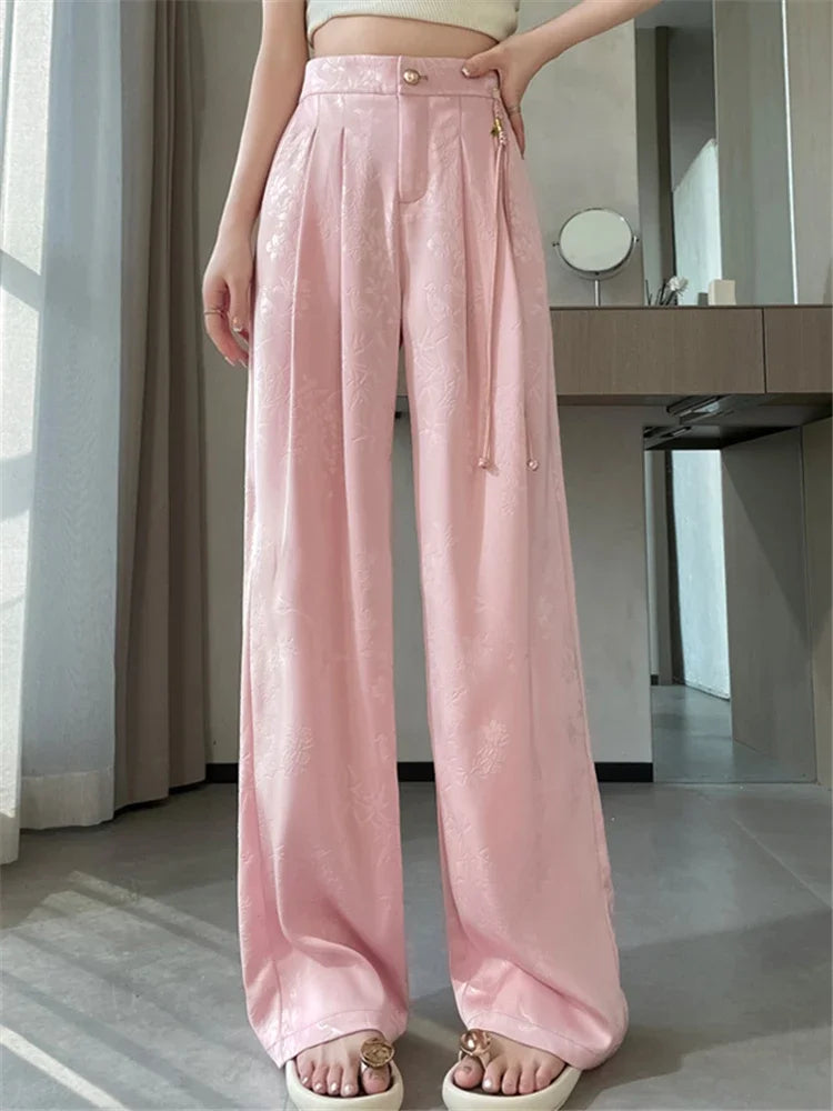 Chinese Style Jacquard Wide Leg Satin Pants