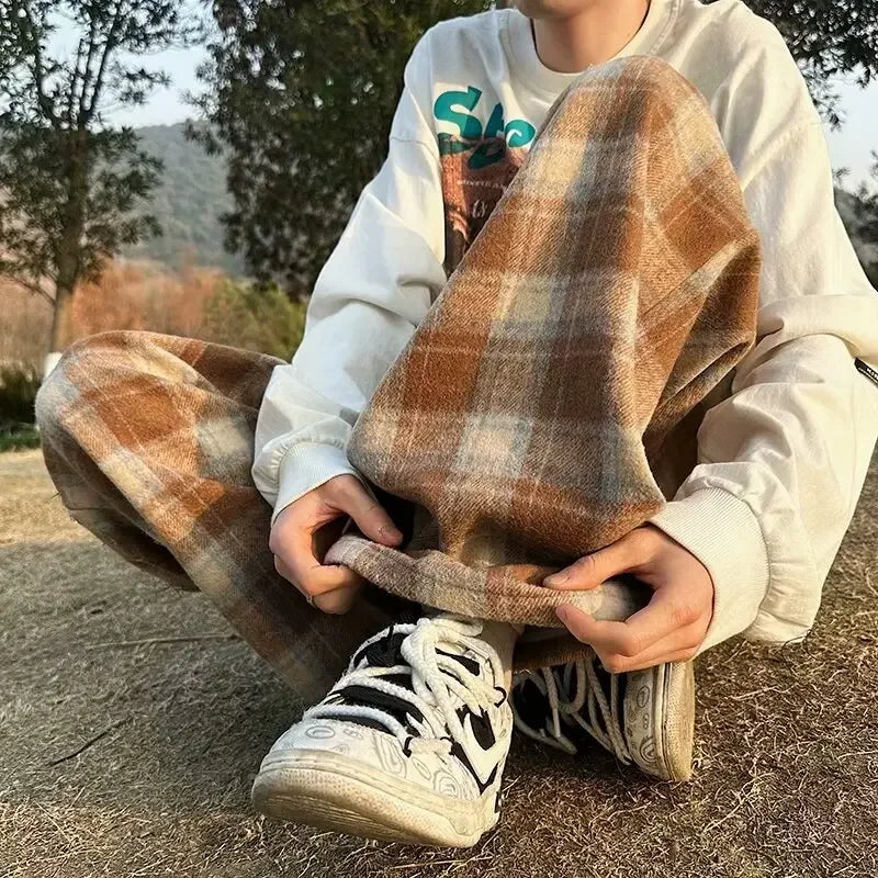 Vintage American Style Tweed Plaid Pants Loose Straight Wide Leg Casual Trousers Trendy Brand Punk Rock Streetwear