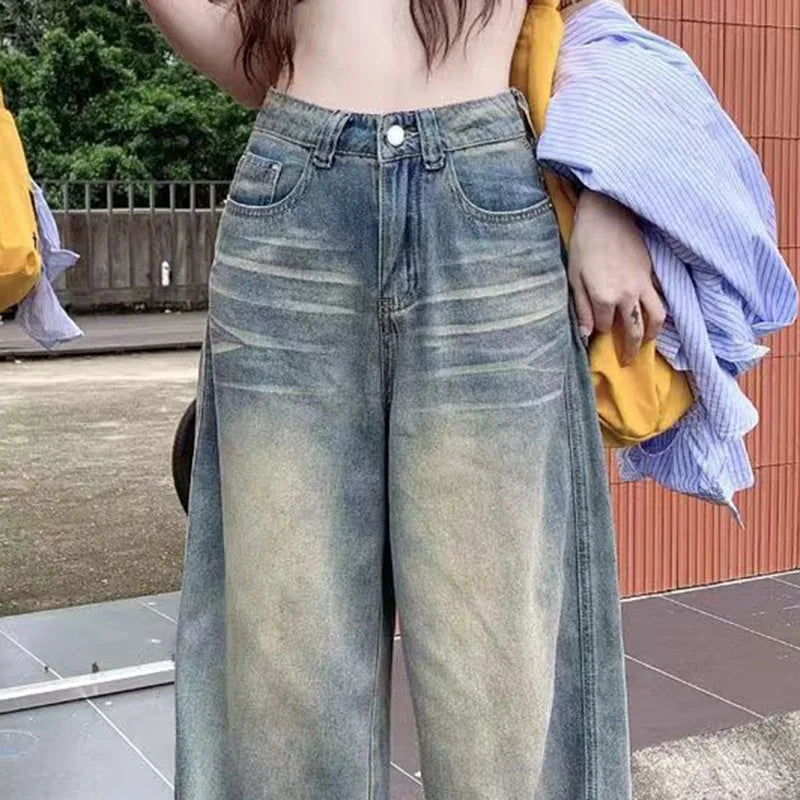 Vintage Chicly Button Jeans American Simple Baggy High Waisted Denim Pants Washed Y2K Wide Leg Jean Trousers