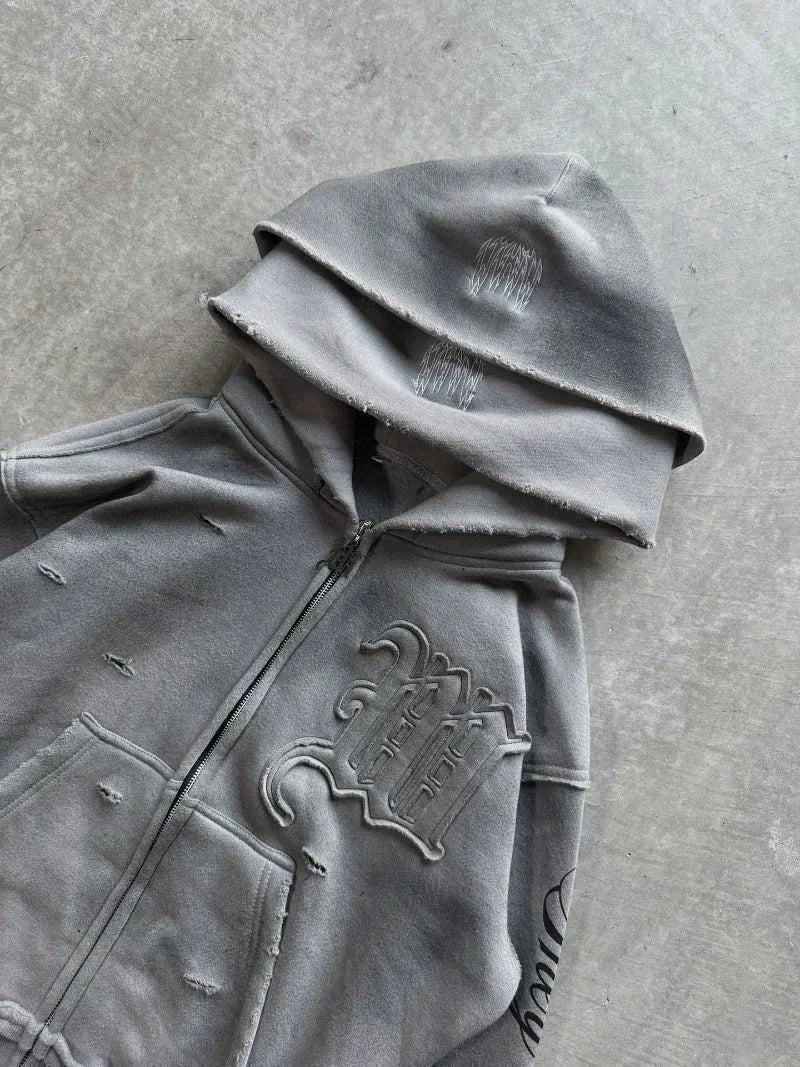 Y2K Harajuku Punk Gothic Loose Hooded Sweatshirt American Embroidered Patch Casual Double Hooded High Street Retro Sports Sui