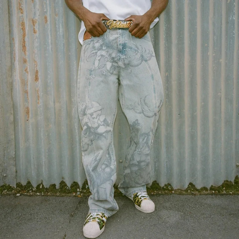 Y2k Retro Baggy Jeans Trendy Cupid Angel Pattern Pants American Hip Hop Streetwear Unisex Casual Straight Leg Jeans