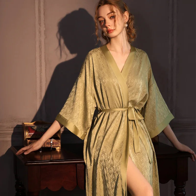 Luxury Jacquard Long Robe Nightgown Half Sleeve Kimono Bathrobe Gown Satin Ice Silk Sleepwear Home Dress Lounge Wear