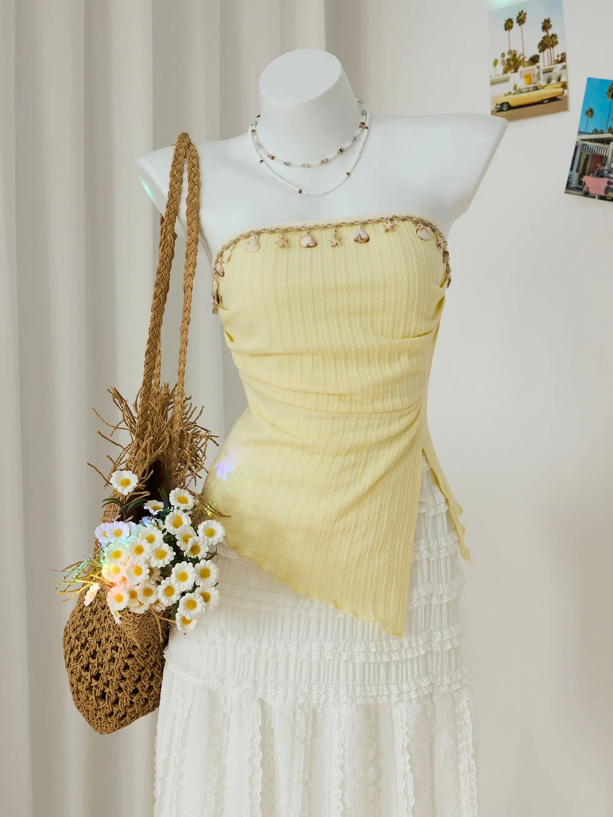 Sweet Yellow Slim Fit Knitted Tube Top With Shell Ribbon Decoration Irregular Pleated Side Slit Casual Vacation Top