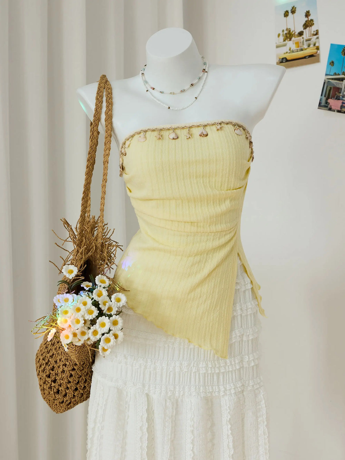 Sweet Yellow Slim Fit Knitted Tube Top With Shell Ribbon Decoration Irregular Pleated Side Slit Casual Vacation Top